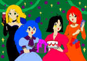 Priire (Asteroid), Aisu (Chibi Hoth), Renako (Chibi Yavin) and Ippin (Yavin) at a party! by Priire.    (125594 bytes)