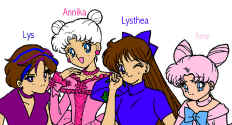 Annika (Bakura) and her children, Lys (Chibi Bakura), Lysthea (Broxan) and Ame (Chibi Serenity) by Kirana (Omwat)    (117456 bytes)