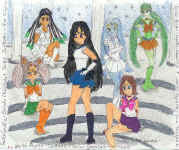 Some of the Outer Senshi - Sutaru (Corellia), Nom (Dathomir), Koumi (Kessel), Oola (Ryloth),  Numako (Dagobah) and Chikako (Myrkr) by Chikako (Myrkr)    (59019 bytes)